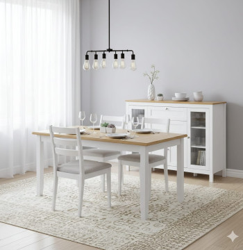 <p><strong>Aparador de Cozinha Essenza - Elegância e Funcionalidade</strong></p><p>Este <strong>aparador multifuncional Essenza</strong> combina estilo moderno com máxima funcionalidade. Com design em dois tons branco e carvalho, traz elegância a qualquer espaço.</p><p><strong>Características principais:</strong></p><ul><li><strong>Amplo espaço de armazenamento:</strong> Bancada espaçosa, 2 gavetas e 3 armários</li><li><strong>Portas de vidro emolduradas</strong> nos armários laterais para visibilidade e proteção</li><li><strong>Prateleiras ajustáveis</strong> em 3 níveis conforme suas necessidades</li><li><strong>Materiais resistentes:</strong> MDF, madeira de borracha e vidro temperado</li><li><strong>Sistema anti-tombamento</strong> para maior segurança</li></ul><p><strong>Especificações técnicas:</strong></p><ul><li>Medidas: 120x40x90cm (CxLxA)</li><li>Peso máximo: 60kg total, 10kg por prateleira</li><li>Cor: Branco e carvalho</li><li>Requer montagem</li></ul><p>Perfeito para cozinha, sala de jantar ou sala de estar. Inclui manual de instruções.</p>