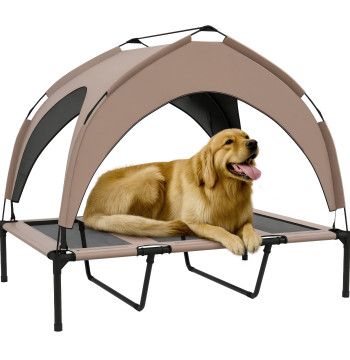 Lit de chien haut avec auvent pour chiens moyens avec structure en acier et sac de transport pour intérieur et extérieur 106x76x94 cm brun clair