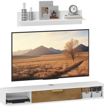 Conjunto de Móveis de Sala, Móvel de TV com Prateleira de Parede, Porta, Prateleiras Abertas, Orifícios para Cabos, para Televisão de Parede, 120x24x16 cm, Branco