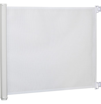Barrera para Cães Retrátil Porta para Cães Dobrável com Largura Ajustável 5,5-115 cm Barrera de Segurança para Cães com Função de Enrolamento Automático e Pega para Escadas e Portas Branco