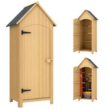 Armadio da giardino di legno 77,5x54,2x179.5 cm 0,3 m2 Armadio da esterno per utensili Disposizione con 3 cesoie e 2 porte con chiusura per il cortile Terrazza Madeira