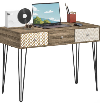 Secretária Estilo Boémio Mesa Secretária com 3 Gavetas e Pés de Ferro para Escritório Dormitório Tocador 105x50x75 cm Madeira