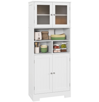 Armario de cocina móvil Auxiliar de Cocina Armário Alto de Cocina con 2 Puertas de vidrio Prateleiras ajustables y Compartimientos Abiertos 60x30x145,5 cm Blanco
