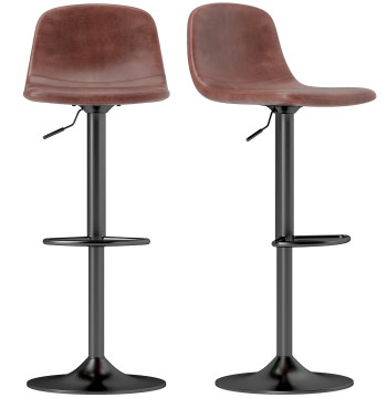 Conjunto de 2 Bancos de Bar Bancos Altos de Cozinha Reguláveis em Altura 84-104 cm com Encosto e Apoio para os Pés Estofadas em PU Giratórias em 360° para Sala de Jantar Varanda Marrom