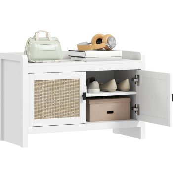 Banco Sapateira Móvil Sapateira Banco de Entrada con Puertas Frentes de Vime Prateleira para 8 Pares de zapatos para Entrada Dormitorio 80x35x52 cm Blanco