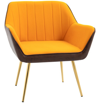 Poltrona de Sala de Estar Estofada em Couro Sintético e Veludo com Apoios para os Braços Pés Dourados e Estrutura de Aço Poltrona para Dormitório Carga 120 kg 64x62x72,5 cm Amarelo