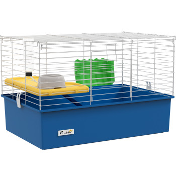 Gaiola para Visons com Bandeja Inferior Gaiola para Animais Pequenos com Plataforma com Rampa Comedouro e Bebedouro Recinto para Coelhos Pequenos Chinchilas Cobaias 71x46x47 cm Branco e Azul