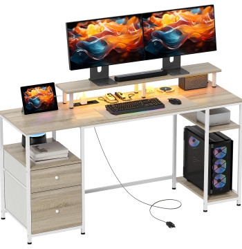 Bureau de table d'ordinateur avec lumières LED Tiroirs de prises USB et support de moniteur pour Studio Office 155,5x48x75,5 cm Bois