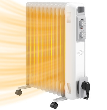 11 Elemento Silent Oil Heater 2500W Low Oil Heater Regolabile Conto di protezione del consumo di temperatura Surriscaldamento 3 Regolazioni di riscaldamento per 25 m2 Bianco