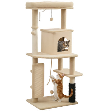 Arranhador para Gatos Grande Altura 132 cm Arranhador para Gatos com Plataformas Postes com Escova Bolas Suspensas e Almofadas para Arranhar Bege