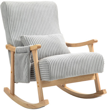 Cadeira de Baloiço, Cadeira de Baloiço em Veludo Cotelê com Almofada Lombar, Estrutura em Madeira, Assento Largo, Bolso Lateral, Estilo Moderno, Carga Máxima 120 kg, para Quarto e Sala, Cinzento