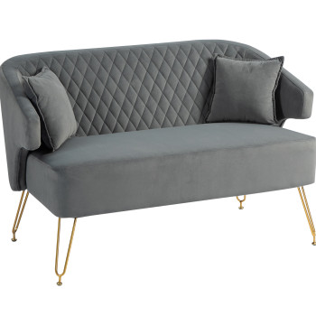 Canapé de 2 Places Rembourré en Velvet Canapé Salon avec 2 Oreillers Support pour bras et pied de canapé d'or acier petite charge 240 kg pour bureau de dortoir 124x69x76 cm gris