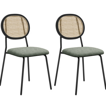 Set de 2 chaises de salle à manger Chaises de cuisine avec dossier en osier synthétique et structure en acier pour salle à manger 44x54x87 cm vert foncé et noir