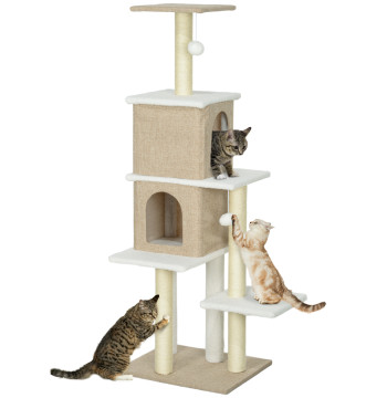 Arranhador para Gatos em Borrego Altura 140 cm Arranhador para Gatos com 2 Cavernas Plataformas Bolas Suspensas e Poste de Sisal Marrom Claro