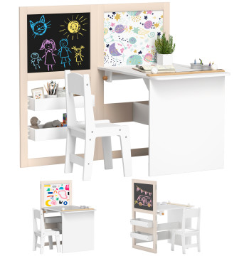 Mesa e Cadeira Infantil de 2 Peças Mesa para Crianças com Cadeira Ardósias Dobrável Mesa para Crianças acima de 3 Anos com Prateleiras Rolo de Papel para Dormitório Sala de Jogos Branco