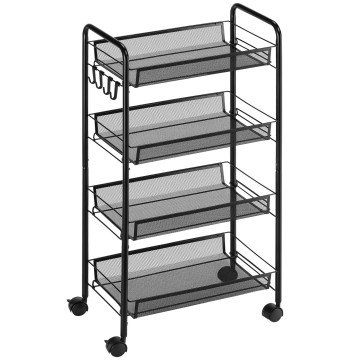 Carrello ausiliario con ruote Cucina Carrello di stoccaggio 4 livelli con 4 ganci di carico 12 kg per sala da pranzo Bagno 45x26.5x84 cm Nero