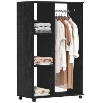 Roupeiro de Madeira Móvel Armário Roupeiro Aberto com Barra para Pendurar e 3 Prateleiras Organizadoras para Dormitório 80x40x128 cm Preto