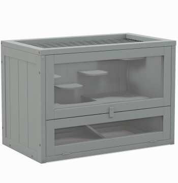 Cage en bois pour hamsters Cage pour petits cages Animaux avec 2 niveaux Platform Ramp 60x35x42 cm Gris