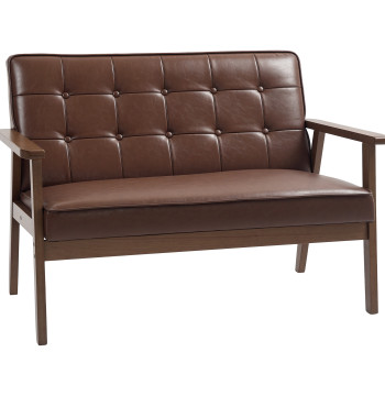 Sofá de 2 Lugares Sofá de 2 Lugares Estofado em Couro PU com Apoio para os Braços de Madeira Encosto Acolchoado Carga 250 kg para Sala de Estar Dormitório 115x70x81 cm Marrom