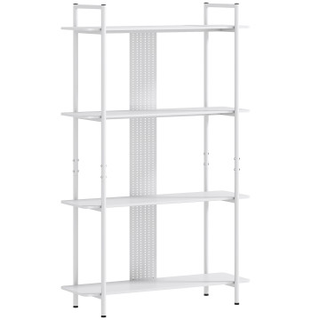Estante de 4 Niveles Estante para libros con Panel Perfurado y Estructura Metálica Estante para Sala de estar Estudio Dormitorio Oficina 100x35x160,5 cm Blanco