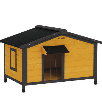 Maison pour chiens en bois 97x72x65 cm Maison pour animaux avec plafond d'asphalte 2 Fenêtres de porte avec rideau et base en bois amovible