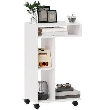 Mesa Auxiliar em Forma de C Mesa Auxiliar para Sofá com Rodas Compartimentos Abertos Mesa Lateral para Sala de Estar Dormitório 40x30x69 cm Branco
