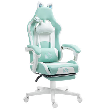 Cadeira Gaming com Orelhas Cadeira Gamer Reclinável com Altura Ajustável Apoio para os Pés Retrátil Suporte Lombar e Apoio para a Cabeça Desmontável Cadeira para Escritório 65x62x116-124 cm Azul