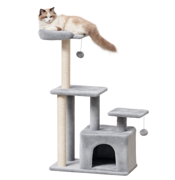 Cat Scratcher Altezza 114 cm Cat Scratcher con Posts di Sisal 3 Piattaforme Cave e 2 palline a sospensione grigio chiaro