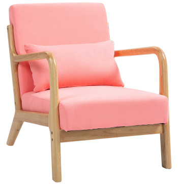 Poltrona Sala de Estar Nórdica Poltrona Individual Acolchoada com Apoio para os Braços e Estrutura de Madeira de Borracha para Dormitório Carga 120 kg 61x78x76 cm Rosa