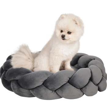 Cama para Cães Pequenos Cama para Gatos Lavável Cama para Animais de Estimação Redonda com Almofada Independente e Corda de Algodão 55x55x14 cm Cinza