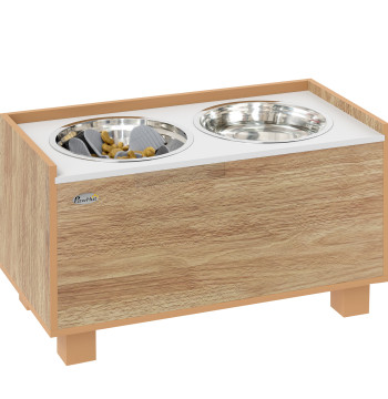 Comedouro para Cães Elevado com Sistema de Alimentação Lento Amovível e Espaço de Arrumação Comedouro com 2 Tigelas de 2L de Aço Inoxidável para Cães Grandes 60x30x35,5 cm Madeira