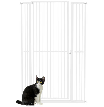 Barrière de chien extra-haute barrière pour chiens avec largeur réglable 77-104 cm Barrière de sécurité pour chiens et chats avec 2 extensions et porte pour les échelles et les coureurs blancs