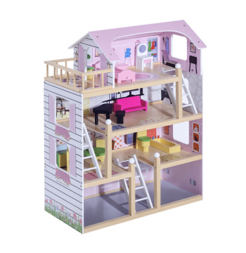 Casa de Bonecas com Móveis e 4 Andares Casa de Bonecas com 13 Acessórios Brinquedo de Imitação 60,5x30x80,5cm Rosa