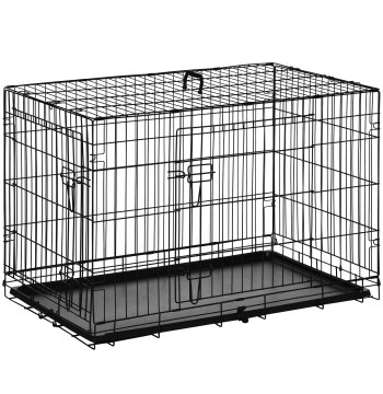 Jaula Dobrável para Cães de Médio e Grande Porte com 2 Portas, Tabuleiro Removível, Pega e Estrutura de Aço 90x57,5x62 cm Preta