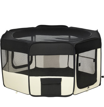 Parque Dobrável para Cães e Gatos Parque para Animais de Estimação com 2 Portas e Almofada Tecido Oxford Ø120x58 cm Preto