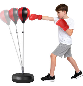 Balle de boxe avec hauteur réglable de 4 niveaux de base rechargeables avec eau ou sable et gants pour adolescents Ø43x125-145 cm Rouge et noir