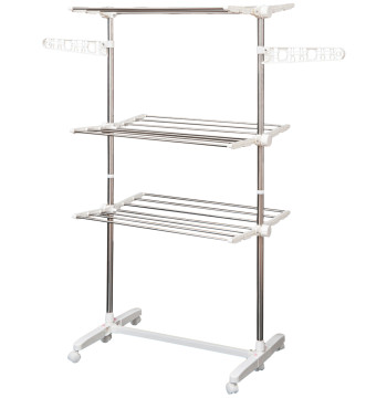 Estendal para Roupa Dobrável 80x55x152cm com 6 Rodas e 3 Prateleiras com Altura Ajustável de Aço Inoxidável Prateado