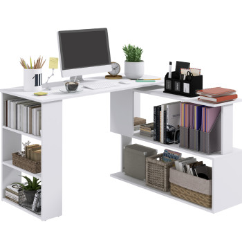 Secretária para Computador Mesa de Canto Rotação 360° Multiformes para Casa, Escola e Escritório 5 Prateleiras Estante Branca