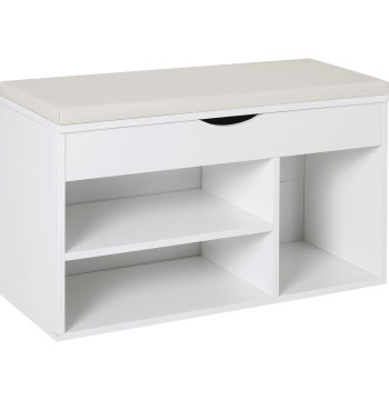 Banco Sapateira com Armazenamento Gaveta Prateleira e Assento Acolchoado para Entrada Estilo Moderno 80x30x47cm Branco