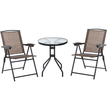 Conjunto de Mesa e 2 Cadeiras Cadeira Dobrável Encosto Reclináveis a 4 Níveis Armação de Aço Marrom