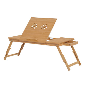 Mesa de Computador Portátil de Bambu Dobrável Reclinável e Altura Ajustável Mesa Auxiliar com1 Gaveta 72x35x22-30 cm Madeira
