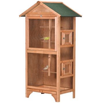 Gaiola para Pássaros Gaiola para Pássaros de Madeira com 3 Portas 4 Poleiros Bandeja Amovível e Teto Asfáltico 80,5x57x153 cm Natural