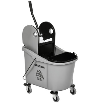 Balde de Esfregona Comercial Balde de Esfregona com Espremedor de Pressão para Baixo Capacidade 36L com 4 Rodas Silenciosas 2 Cubetas Separadas 54x41x91,5 cm Cinza