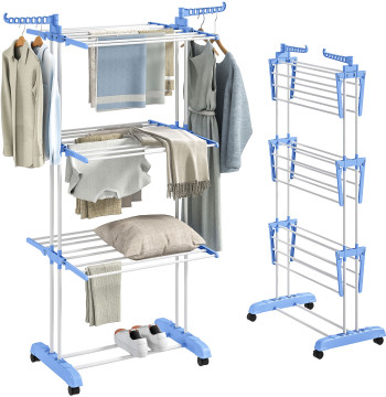 Estendal Dobrável para Roupa com Rodas Estendal Vertical de Aço com 3 Níveis Laterais Dobráveis Carga Máxima 70kg 73x64x177cm Azul e Branco