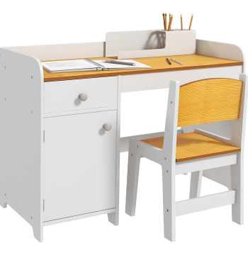 Conjunto de Secretária e Cadeira para Crianças Secretária Infantil com Cadeira Conjunto Infantil de 2 Peças com Gaveta e Armário para Quarto Sala Branco e Natural