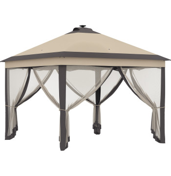 Tente pliante extérieure 3,3x3,3x2,9 m avec lumières LED et télécommande de la tente de jardin avec 4 mousquetaires amovibles et un sac de transport campé Beige