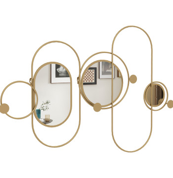 Cabide de Parede com 4 Ganchos e 3 Espelhos Decorativos para Pendurar Casacos Bolsas para Entrada Corredor 106x71 cm Dourado