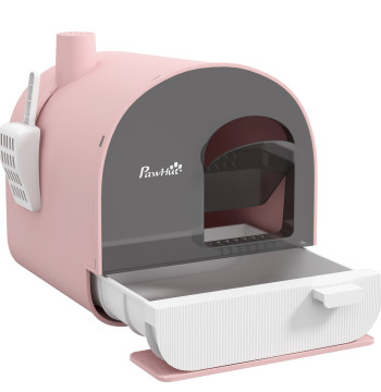 Caja de arena para gatos Caja de arena Cerrada para gatos con Puerta Delante Bandeja Removible Pá Tapete y Filtro 43x44x47 cm Rosa