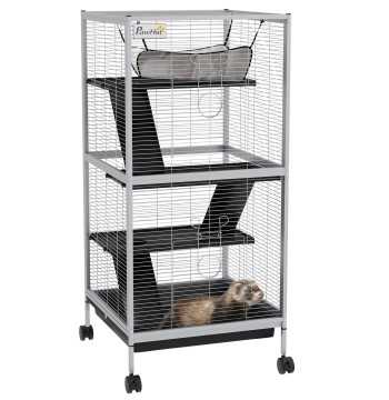 Gaiola para Roedores 52x52x113,5 cm Gaiola para Furões com Rodas 2 Portas 3 Rampas Rede Suspensa e Bandeja Removível para Cobias Branco