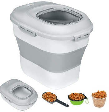 Recipiente de alimentación plegable de 25l, envase de comida para perros con ruedas, vaso de medición, cuenco plegable y cuchara, recipiente de comida para mascotas, gatos, gris